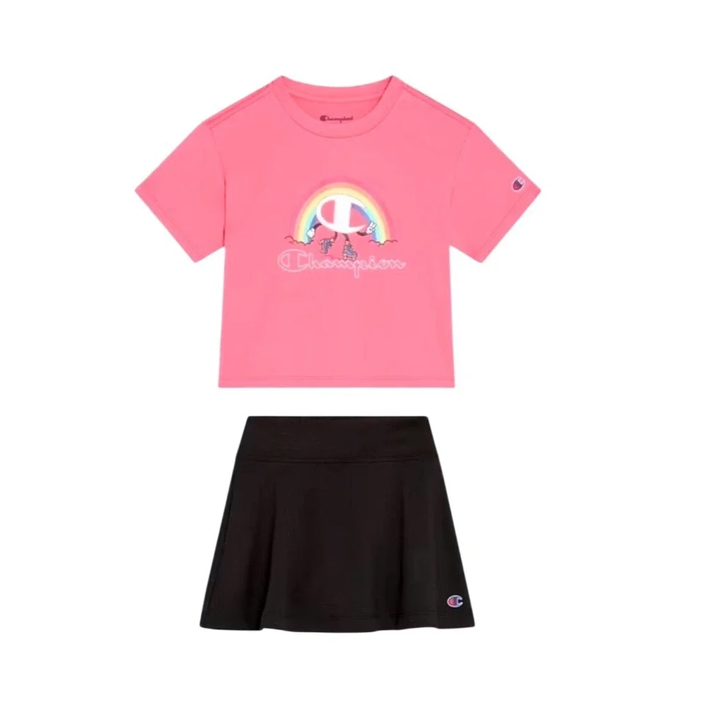 Champion Girls Pink Rainbow Roller Skates Tee and Black Skort 2-Piece Set Sz 2T